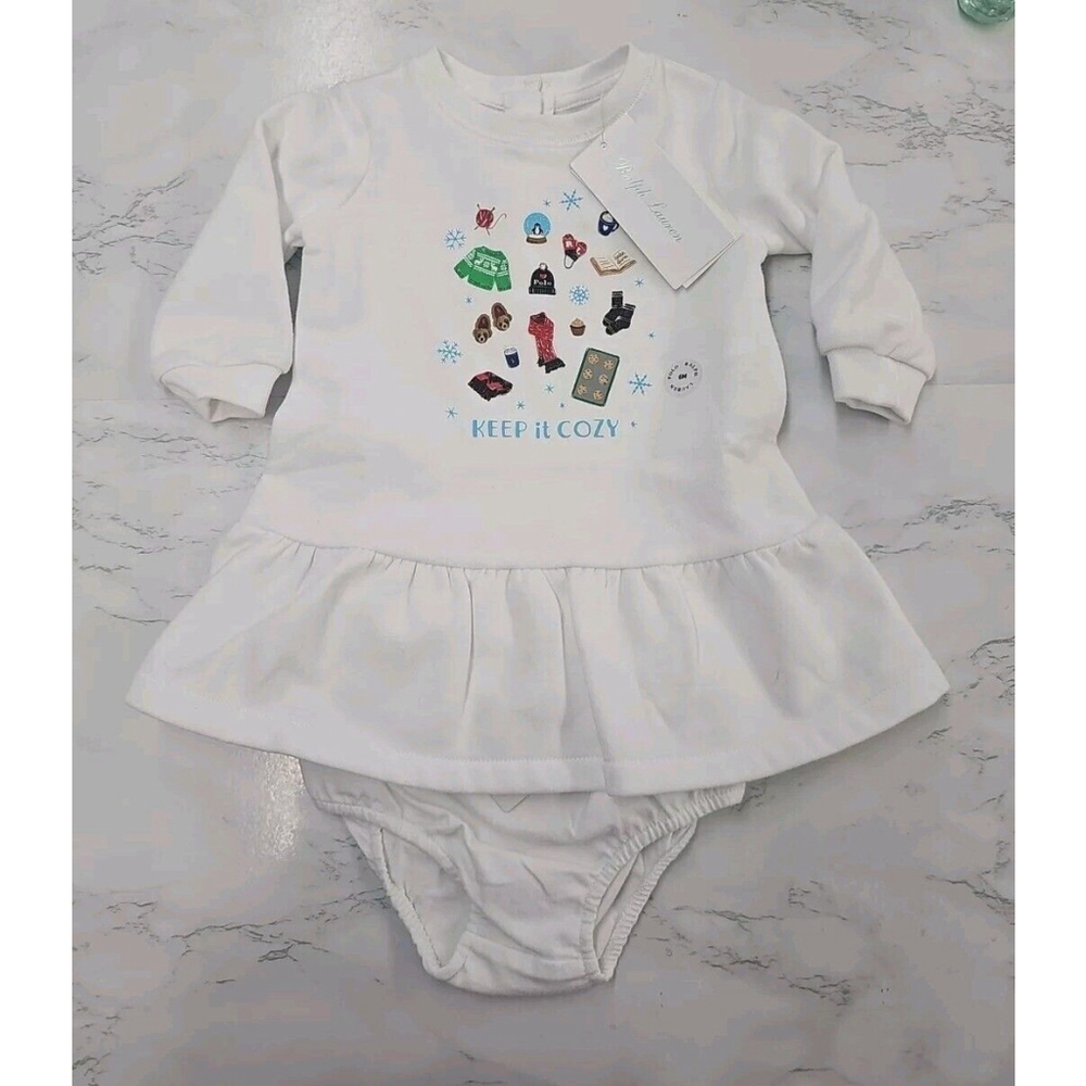Ralph Lauren Baby Girls Winter Icon Fleece Dress & Bloomer White Size 6M NEW $60